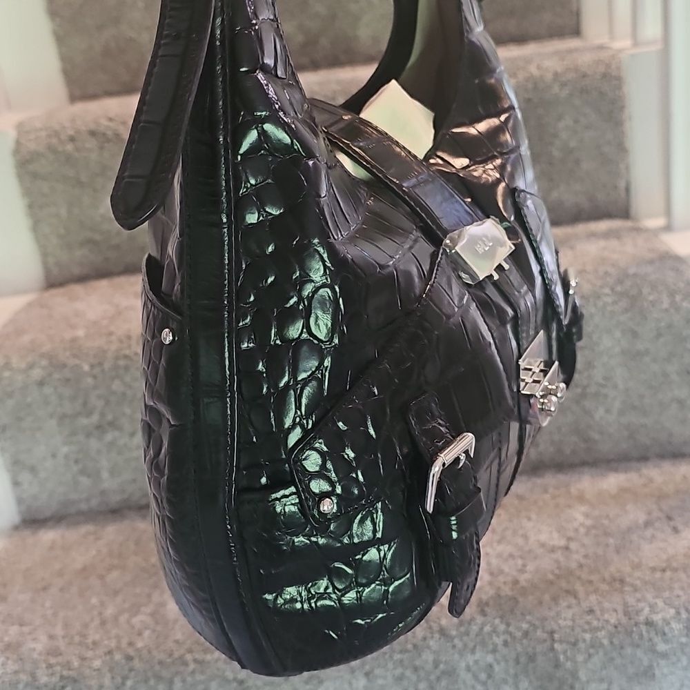 Lauren Ralph Lauren Black Croc-Embossed Leather Shoulder Bag - Picture 11 of 14